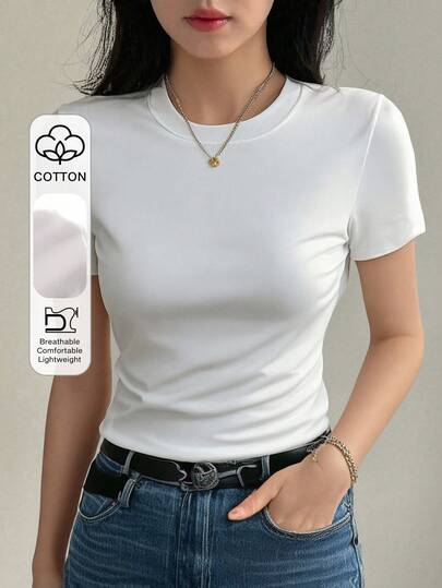DAZY T-shirt moulant moulant en coton pur de couleur unie pour femmes