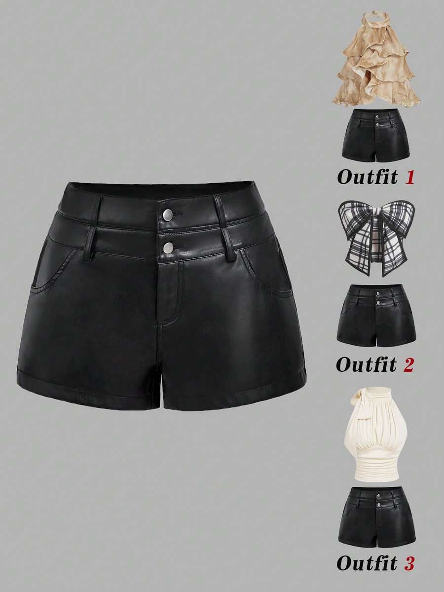 SHEIN MOD 女款街頭風辣妹鈕扣口袋PU材質性感短褲 - 黑色 - 查看 1