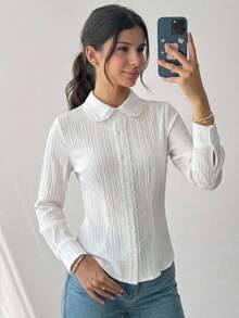 SHEIN 青少年女孩白色休閒學院風甜美淑女純色紋理梭織拼接蕾絲飾邊刺繡長袖襯衫上衣，兒童女童開學穿搭法式白襯衫 - 白色 - 查看 2
