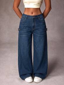 Rivivi Plus Size Women's Pocket Wide Leg Loose Casual Denim Jeans - Blue - View 5