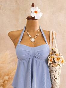 Bellisia Women's Summer Beach Vacation Blue And White Striped Ruffled Tankini Swimwear Set - Multicolor - View 6
