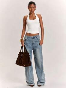 SHEIN BAE 女款針織純色棕色休閒通勤掛脖露背扭結性感實用背心，適合休閒通勤、日常穿著，棕色T恤，棕色上衣，寬鬆實用上衣，棕色掛脖露背上衣 - 白色 - 查看 6