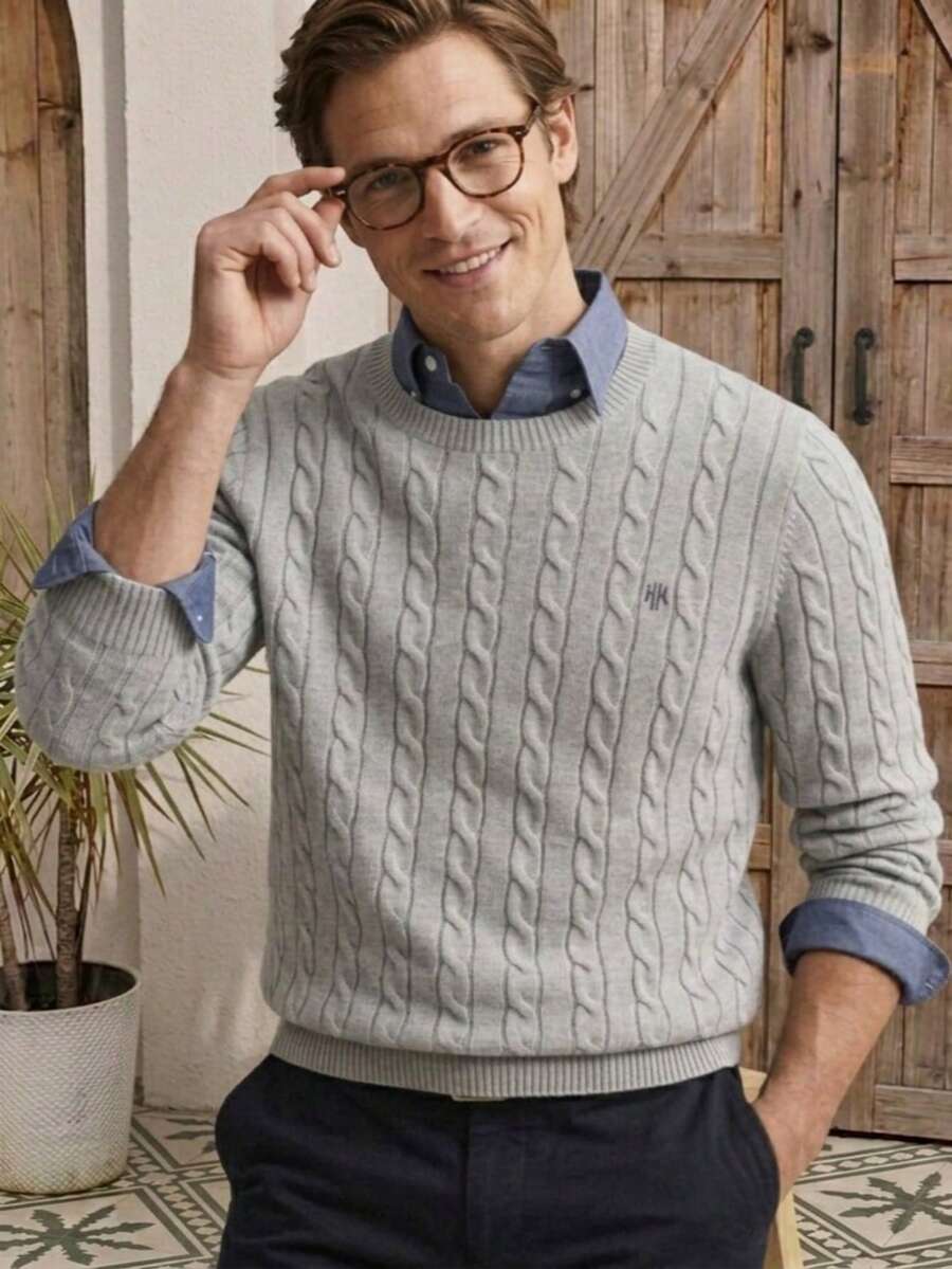 Manfinity Homme 男士字母圖案休閒百搭日常穿著長袖針織衫 - 淺灰色 - 查看 1