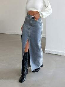 SHEIN تنورة جينز طويلة بقصة عادية وخصر عالي وأزرار وفتحة أمامية، أسلوب كاجوال، غسيل أزرق فاتح، مقاس صغير - أزرق فاتح - مشاهدة 3