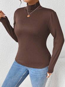 SHEIN Frenchy Plus Mock Neck Ribbed Knit Tee Fall - Chocolate Brown - View 7