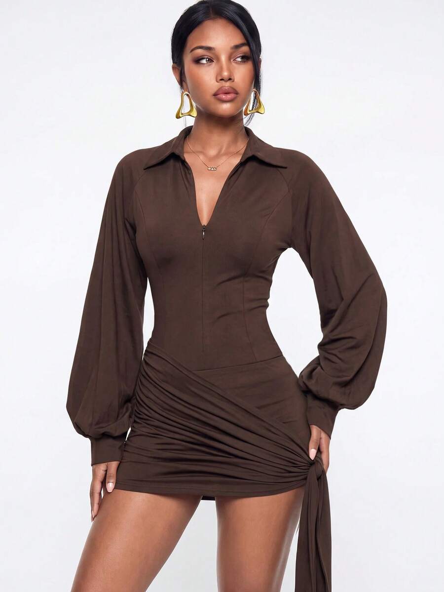 Avantive Women's Solid Color Lantern Sleeve Zipper Placket Ruched Jumpsuit - Brown - View 1
