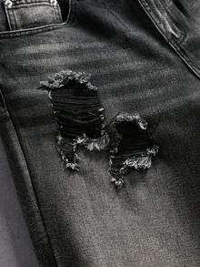 Manfinity Roghcode Men's Casual Denim Jeans With Pocket, Distressed Letter Pattern, Style - Black - View 7