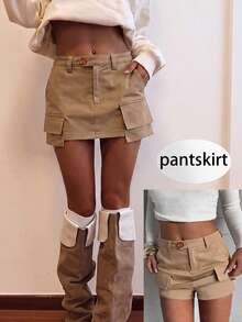 SHEIN PariChic Women's Spring/Summer New Khaki Real Pocket Skort Shorts, Fitted Waist, Bodycon, Commuter Elegant Sexy Hot Girl Casual Daily Wear, College Style Design, Solid Color Mini Skirt Skort - Khaki - View 4