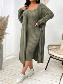 SHEIN Essnce Plus Size Women's Autumn Olive Green Two-Piece Set,Casual Everyday Smart Casual Long Sleeve Tight Dress And Long Cardigan Coats Set,Fall Clothes - Green - View 6