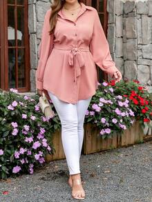 Firerie Plus Size Women Spring/Summer Solid Color Long Sleeve Pocket Casual Shirt Fall - Dusty Pink - View 5
