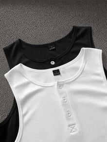 Manfinity VCAY Chaleco casual de unicolor con media abertura de botones para hombre 2 piezas/paquete - Blanco y Negro - Ver 6