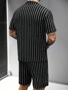 SLATEMANN 男士字母印花條紋短袖T恤與短褲休閒套裝 - 黑色 - 查看 2