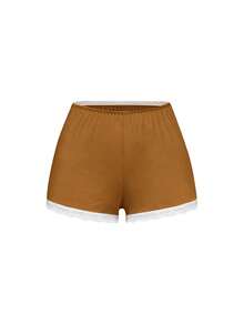 ROMWE Conjunto de pijama casual de camiseta de tirantes acanalada y pantalones cortos con encaje - Marrón - Ver 7