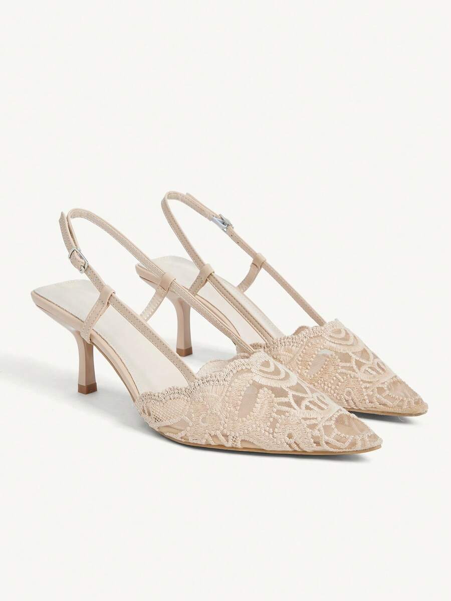 CUCCOO CHICEST 杏色刺繡網布透氣性感優雅派對宴會踝帶細高跟尖頭鏤空女鞋 - 杏色 - 查看 1