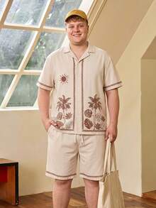 Whitmere Plus Size Men's Casual Loose Suit, Short Sleeve Button-Down Shirt And Shorts 2-Piece Set, Fashionable Relaxed Beach Outfit - Apricot - View 4