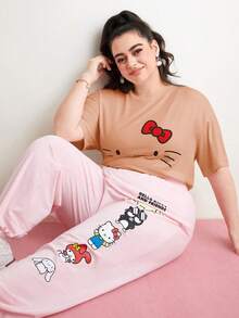 HELLO KITTY AND FRIENDS | SHEIN Plus Size Cartoon Pattern Drop Shoulder Casual Summer T-Shirt - Pink - View 6