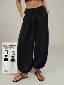 SHEIN Tall Women's Elastic Waist Pocket Loose Lantern Solid Color Casual Pants - Black - View 5