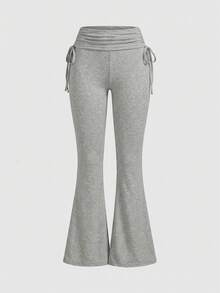 ROMWE Versatile Black Drawstring Flare Leg Pants For Women - Light Grey - View 1