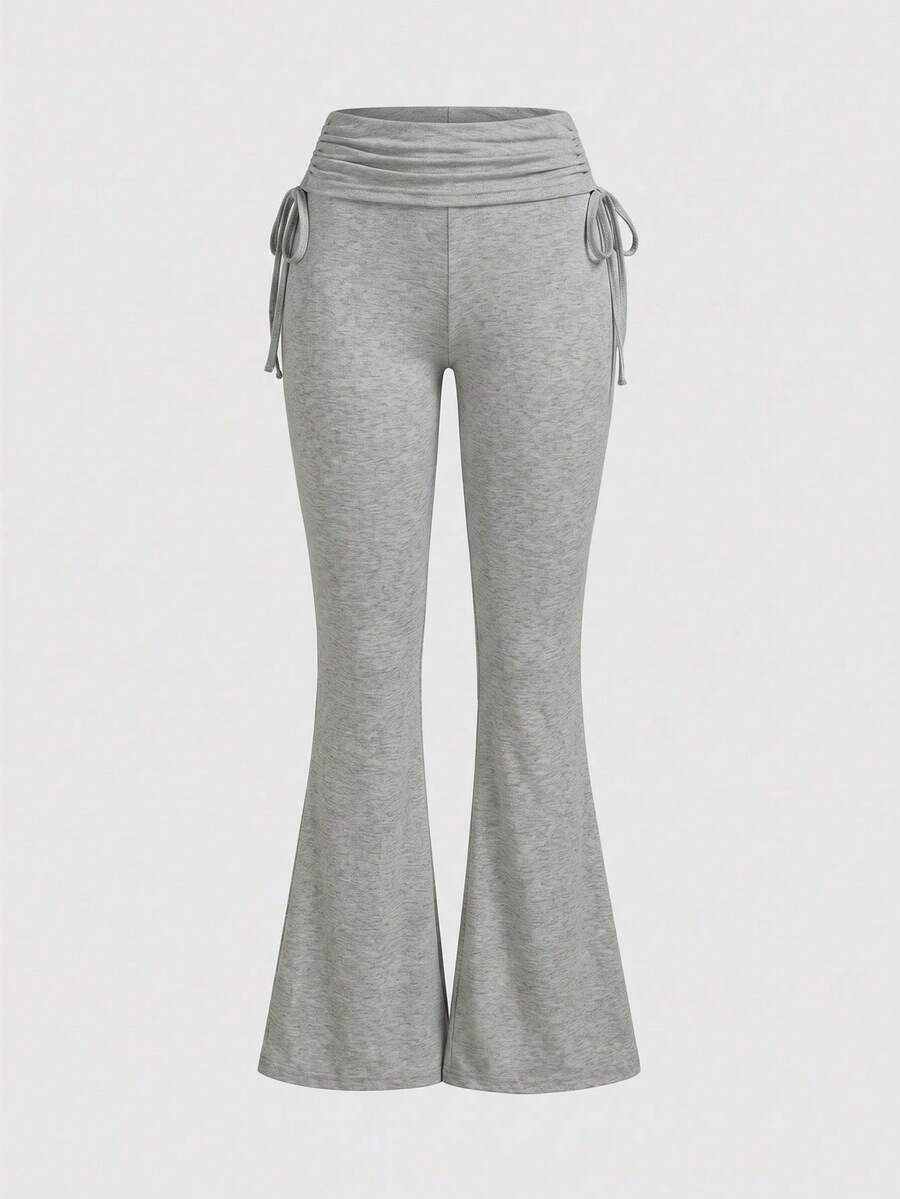 ROMWE Versatile Black Drawstring Flare Leg Pants For Women - Light Grey - View 1