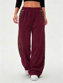 SHEIN LUNE Women's Autumn/Winter Leopard Print Patchwork Casual Straight Leg Pants - Burgundy - View 5