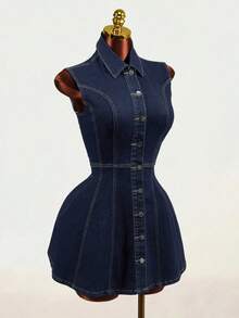 Mistrie Women's Outdoor Fashion Commute Button-Up Pleated All-Season Deep Blue Raw Denim Dress - Dark Wash - View 3