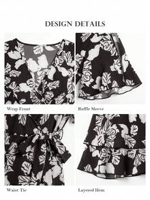 ELLERISSA Große Größen Mehrfarbiges Blumen V-Ausschnitt Volant Wickel Peplum Top - Verschiedenfarbig - Übersicht 7