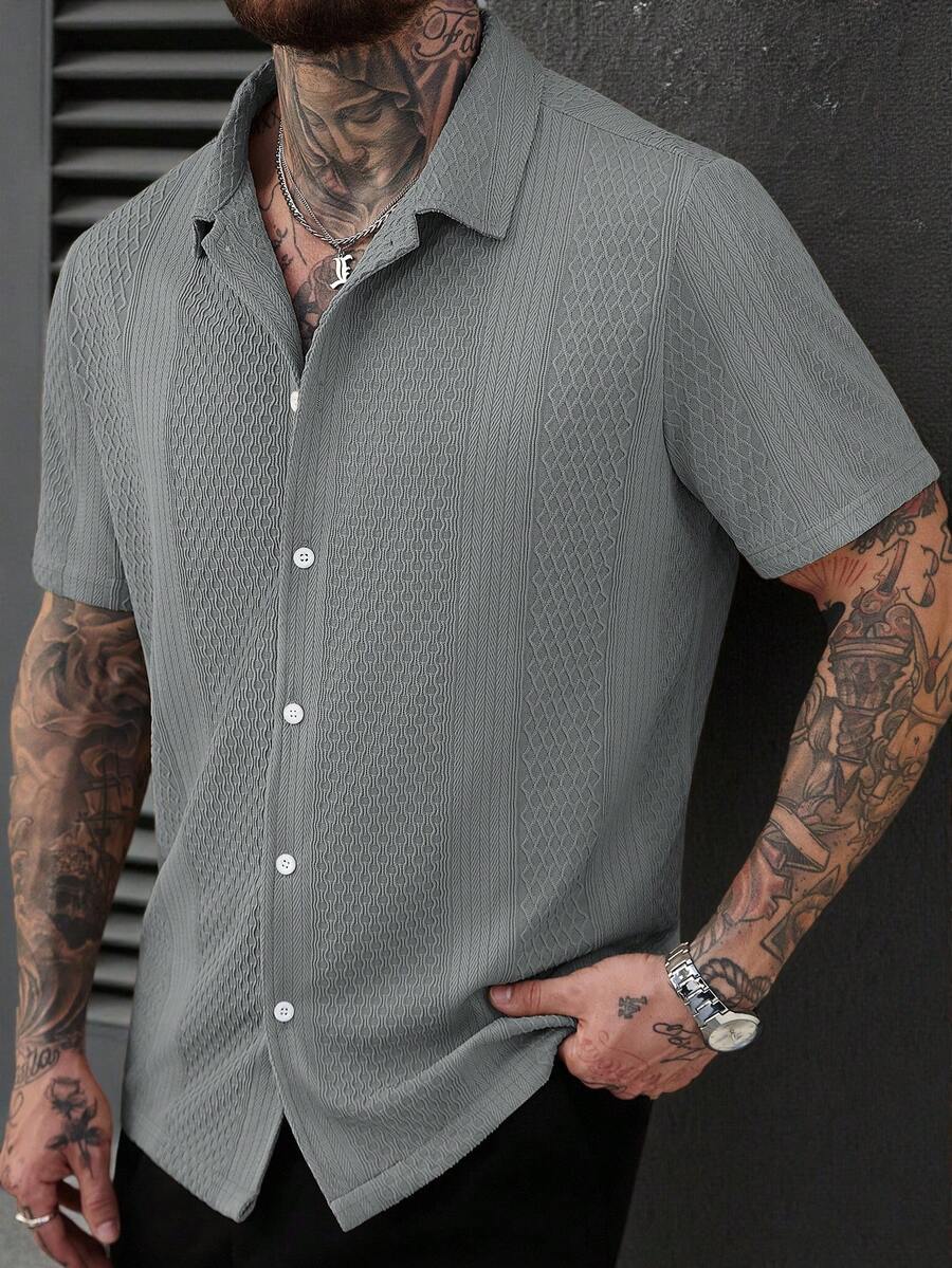 SLATEMANN Men's Plus Size Solid Color Knitted Textured Jacquard Short Sleeve Shirt - Grey - View 1