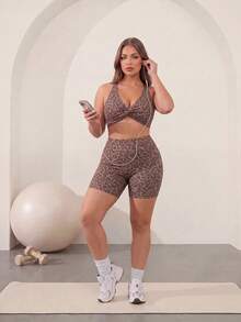 Gameset SHEIN Sport 2026 New Leopard Animal Print Top & Bottom 2-Piece Set, All-Season Style, Autumn/Winter Women's Plus Size Sportswear - Multicolor - View 3