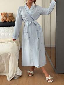 Napfluff Casual Striped Star All-Over Print Lapel Long Sleeve Pocket Design Women's Long Robe - Multicolor - View 4