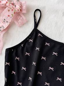 SHEIN 青少年女孩針織蝴蝶結圖案吊帶背心與短褲家居服套裝 - 黑色 - 查看 6