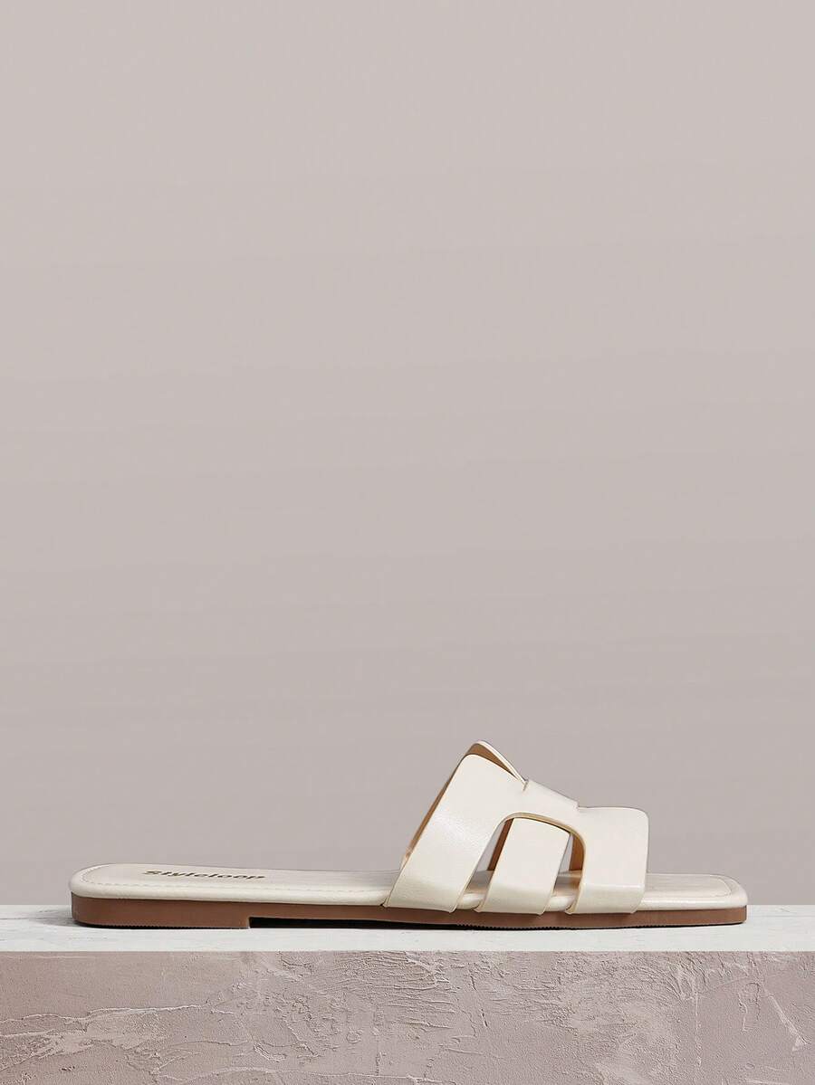 Styleloop Sandalias retro de punta cuadrada tejidas, zapatillas planas de suela exterior, zapatos versátiles para mujer para uso diario, desplazamientos y vacaciones - Blanco roto - Ver 1