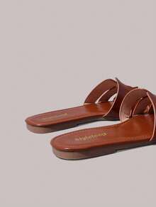 Styleloop Sandalias retro tejidas de punta cuadrada, suela plana, zapatillas de exterior, zapatos versátiles para mujer para uso diario, desplazamientos y vacaciones - Marrón claro - Ver 4