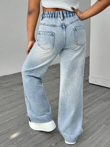 SHEIN Celana Jeans Kasual Anak Perempuan Remaja Warna Biru Muda dengan Potongan Lebar - Biru - View 2