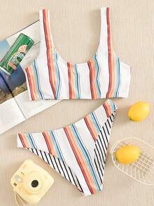 SHEIN Swim 條紋圖案比基尼套裝背心上衣和低至臀部下裝2入組泳衣 - 彩色 - 查看 5