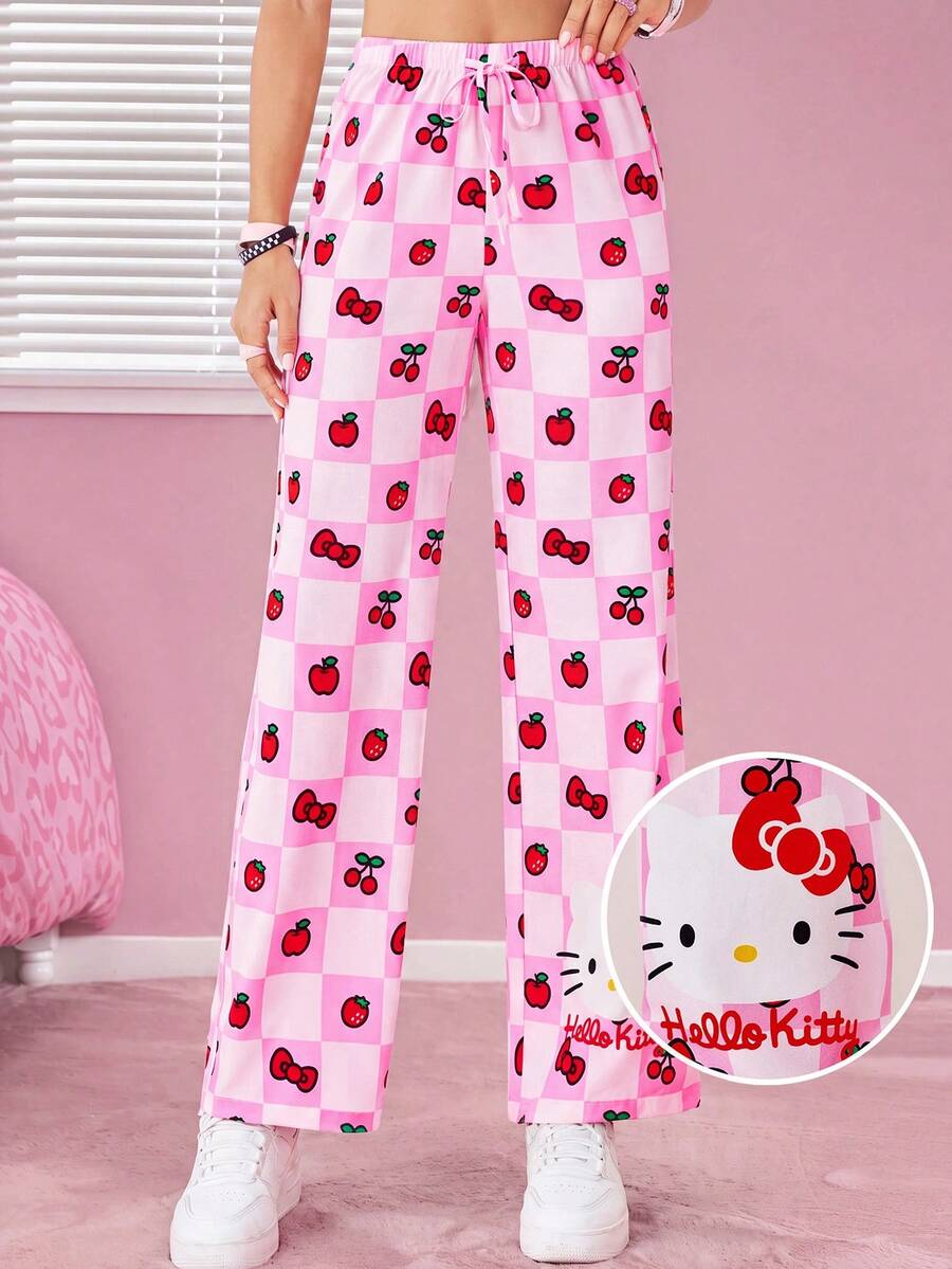 HELLO KITTY AND FRIENDS | SHEIN 女款粉色寬鬆低腰卡通圖案可愛休閒運動夏季長褲 - 粉色 - 查看 1