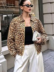 SHEIN Vintage Casual Streetstyle Streetwear Street Leopard Print Lapel Zip-Up Waist-Cinching Short Jacket Everyday Traveling Beige Autumn Everyday Everyday - Brown - View 3