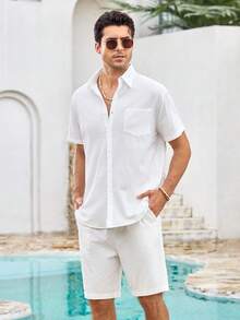 Mercer Haus Men's 2-Piece Linen Casual Short Sleeve Button-Down Shirt And Shorts Summer Beach Set - Perfect Father's Day Gift For Dad, Husband, Him - White - View 7