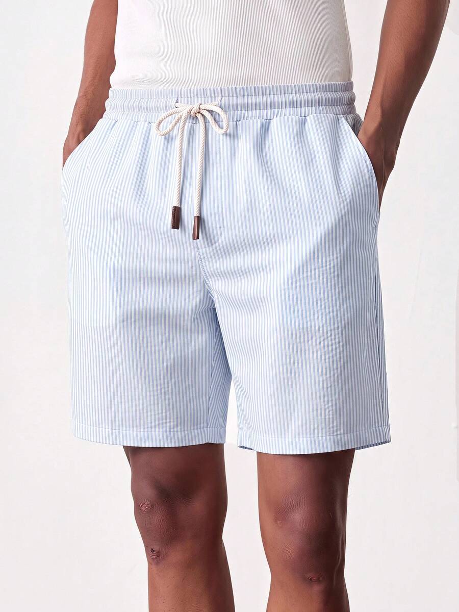 SWAVVY Men's Striped Drawstring Waist Pocket Casual Shorts - Blue - View 1