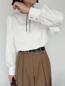 FRIFUL Women's Early Autumn New Korean Style Pleated Button Decor T-Shirt - White - View 1