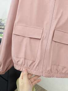SHEIN 青少年女孩編織純色粉色貼袋短版寬鬆休閒連帽外套，返校休閒外套 - 藕粉色 - 查看 9