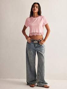 Easelle Women's Knitted Crew Neck Short Sleeve Lace Hem Patchwork Personalized T-Shirt Everyday Date Baby Pink Summer Romantic Elegant - Pink - View 4