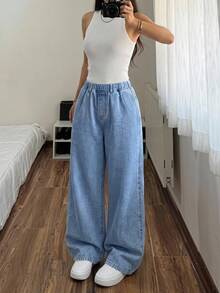 SHEIN Elladie kids 青少年女孩 Y2K 素色水洗寬鬆直筒牛仔褲，女孩返校街頭風 - 淺色水洗藍 - 查看 4