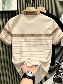 Manfinity Hypemode 復古丹寧風藍白拼色條紋 Polo 衫，小馬標誌印花，藝術領短袖上衣，男女款圖案 T 恤，百搭夏季休閒襯衫 - 彩色 - 查看 2