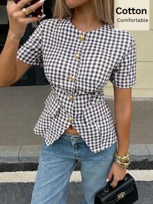 Siren Gaze Women's Pure Cotton Plaid Short-Sleeve Shirt Slim-Fit Waist-Defining Front-Slit Flattering Top Versatile Retro Elegant Style For Work Office Brunch - Black - View 10