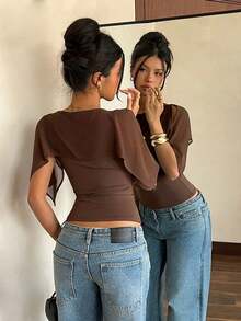 Siren Gaze Women's Bohemian Style Chiffon Knit Blend Cold Shoulder Shawl Top,Summer Top - Brown - View 7