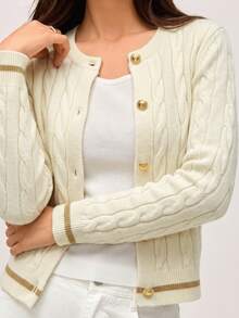 SHEIN Orluneo 女式秋季扭纹长袖单排扣休闲针织开衫 - 白色 - 查看 1