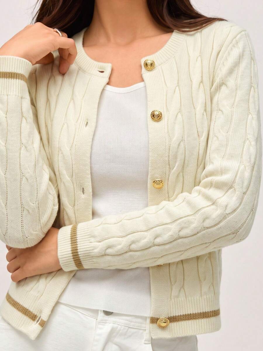 SHEIN Orluneo 女式秋季扭纹长袖单排扣休闲针织开衫 - 白色 - 查看 1