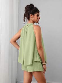 Momance 2pcs Maternity Set Halter Neck Sleeveless A-Line Loose Top With Adjustable Waist Straight Leg Shorts - Mint Green - View 2