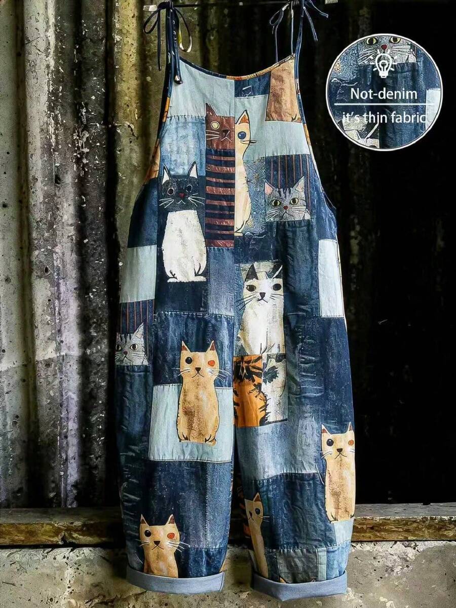 EMERY ROSE Plus Size Women Casual Cat Print Jumpsuit - Multicolor - View 1