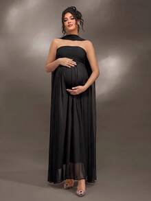 Cheriluna Maternity 聖誕派對洋裝/優雅派對洋裝/嬰兒洗禮派對洋裝 百褶細節 純色 露肩 優雅無袖 孕婦拍照洋裝 - 黑色 - 查看 3